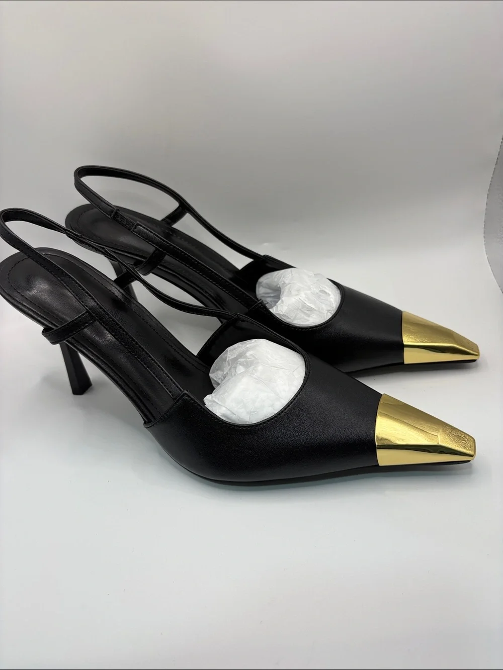 Source Unknown Black Slingback Pumps with Gold Cap Toe